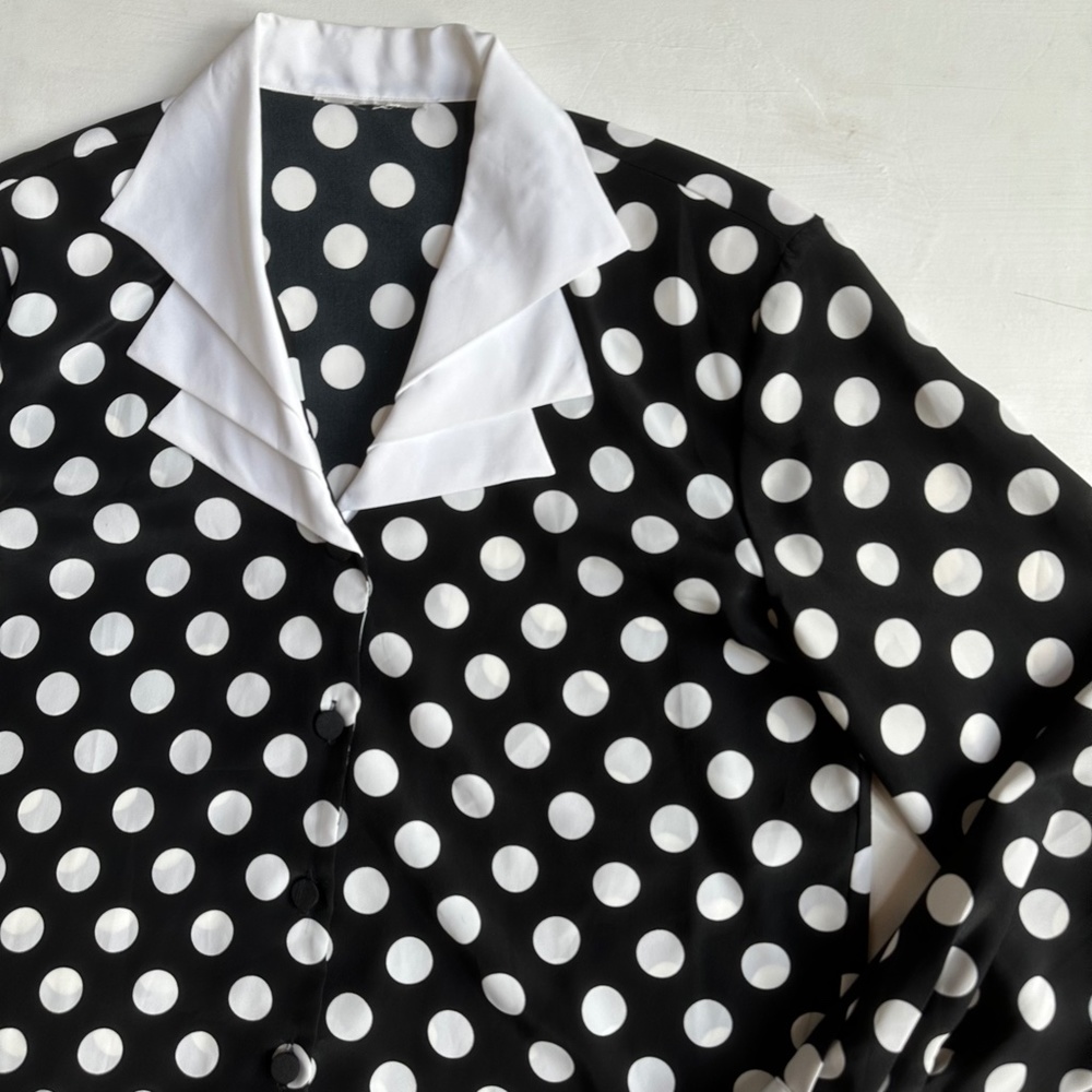 Vintage Black White Polka Dot Button Down Blouse - Picture 2 of 6